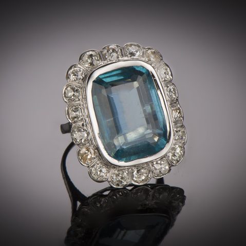 Bague aigue-marine (20 carats) diamants Art Déco