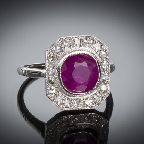 Bague Art Déco rubis birman naturel (certificat CGL) diamants