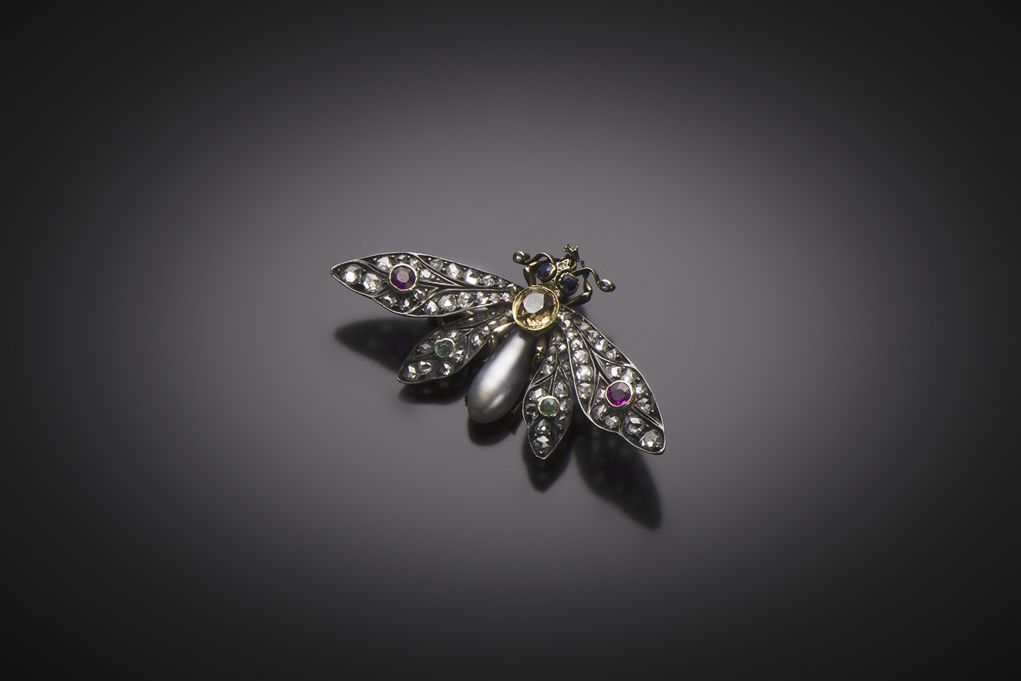 Napoléon fine pearl (LFG certificate) diamonds, rubies, sapphires and citrine brooch (1851 – 1871)-1