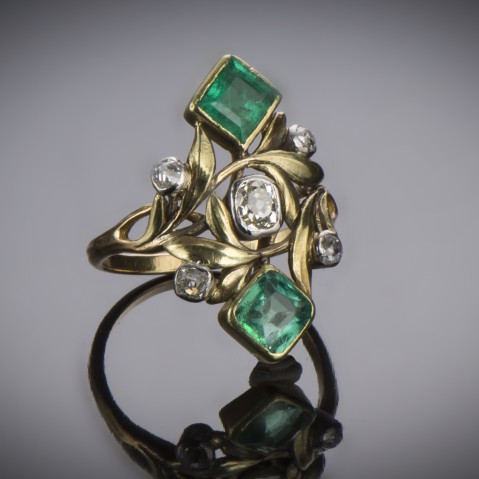 Art Nouveau Edouard-Aimé Arnould emeralds and diamonds ring (with its preparatory drawing)