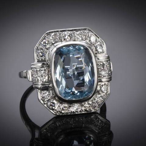 French Art Deco aquamarine (5 carat) diamond ring