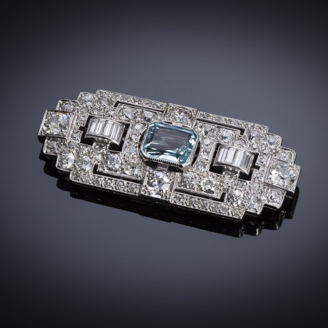French Art Deco diamond aquamarine brooch
