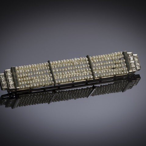 French Art Deco natural pearl and diamond brooch