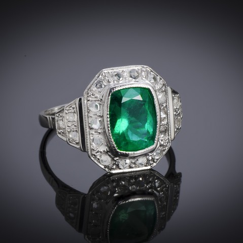 French Art Deco emerald and diamond ring