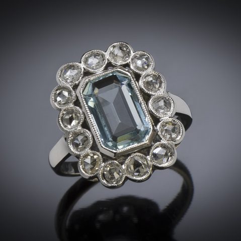 French Art Déco aquamarine diamond ring