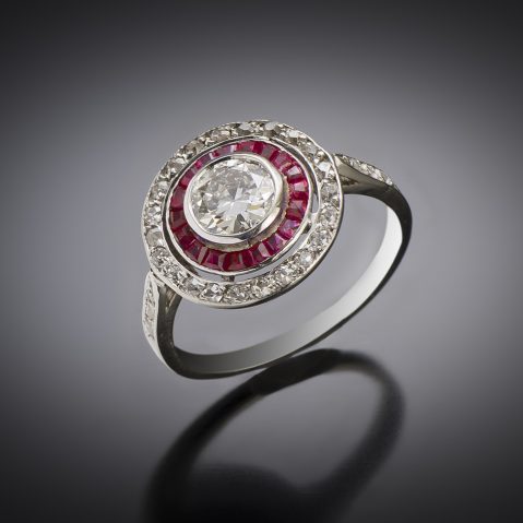 French Art Deco diamond ring (0.80 carat center) and ruby