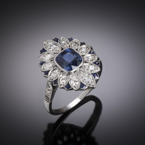 French Art deco natural sapphire, calibrated sapphires and diamonds ring