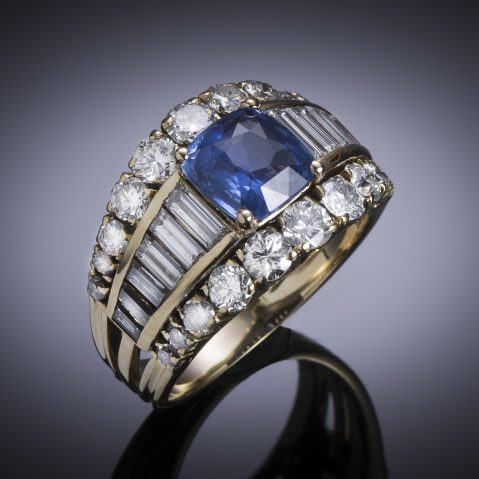 Vintage sapphire (2.50 carat) and diamond (2.30 carat) ring