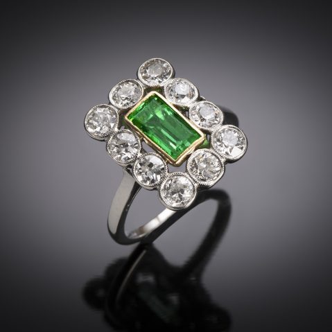 French Art deco natural emerald (CGL certificate, no impregnation) and diamond ring