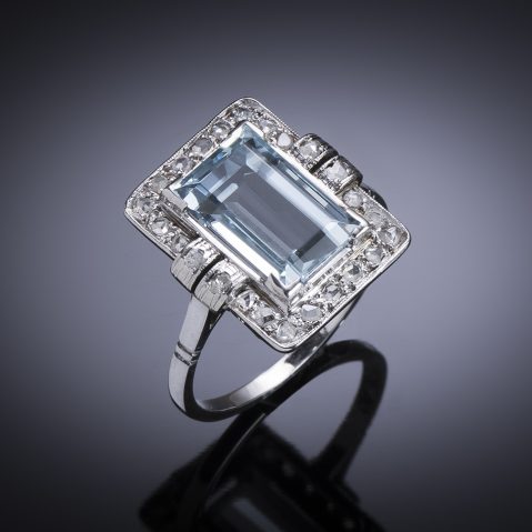 French Art Deco aquamarine and diamond ring