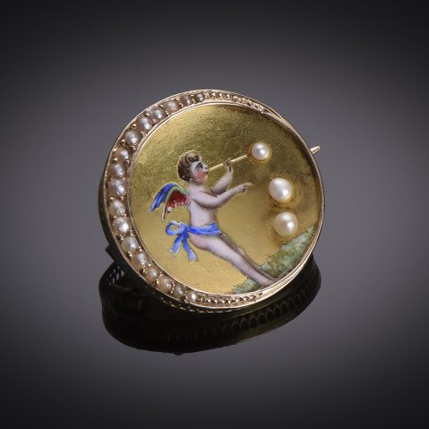 Late 19th century enamel cupid brooch