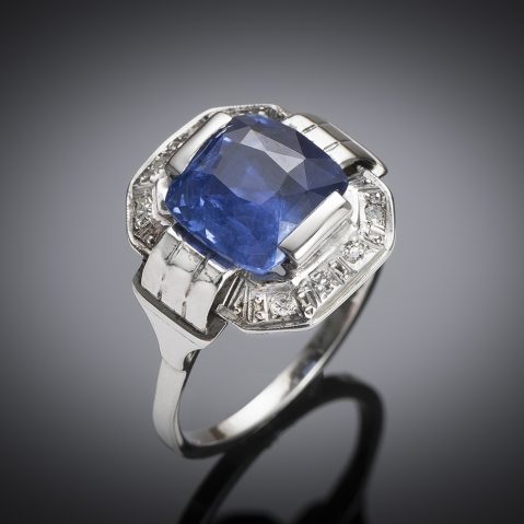 French Art deco ring (natural sapphire, 4,10 carats – laboratory certificate)