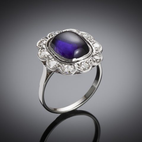 French Art Deco amethyst cabochon and diamond ring