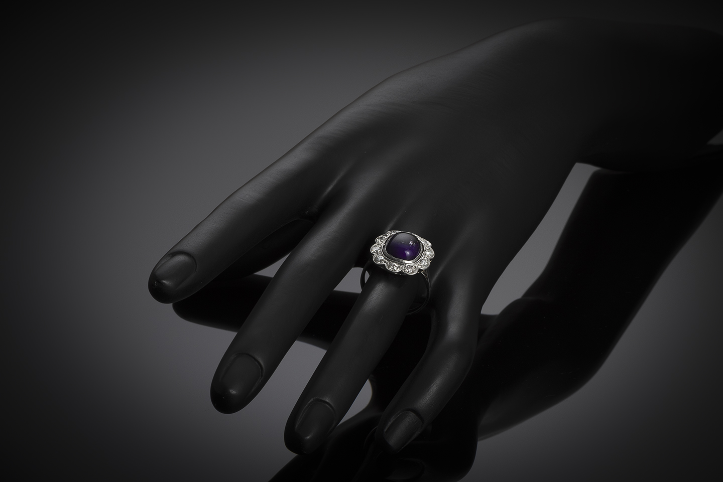 French Art Deco amethyst cabochon and diamond ring-2