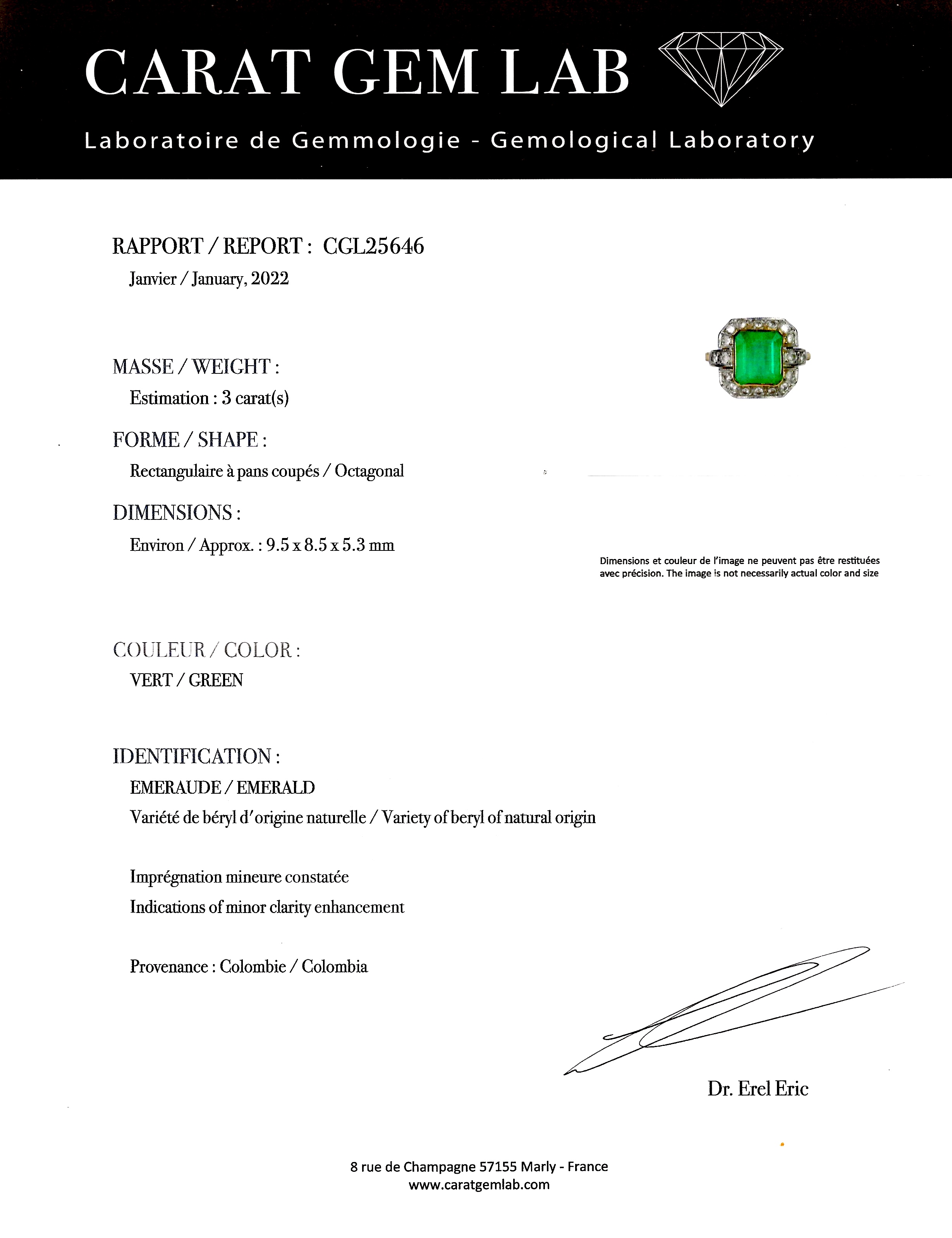 French Art deco emerald (colombian – laboratory certificate) and diamond ring-3