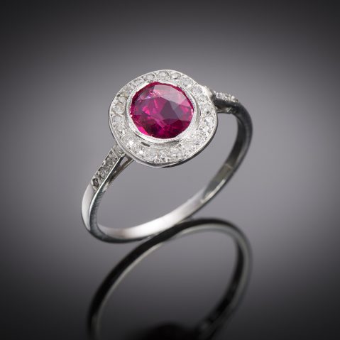 French Art deco ring pink tourmaline (laboratory certificate) diamond