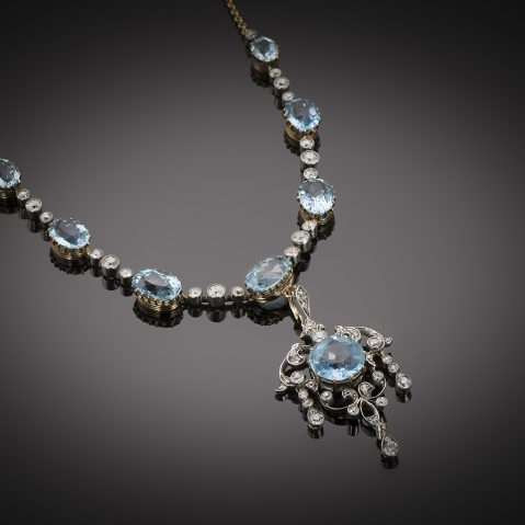 French 19th century Santa Maria aquamarine and diamond transformation necklace and old cut diamonds.
