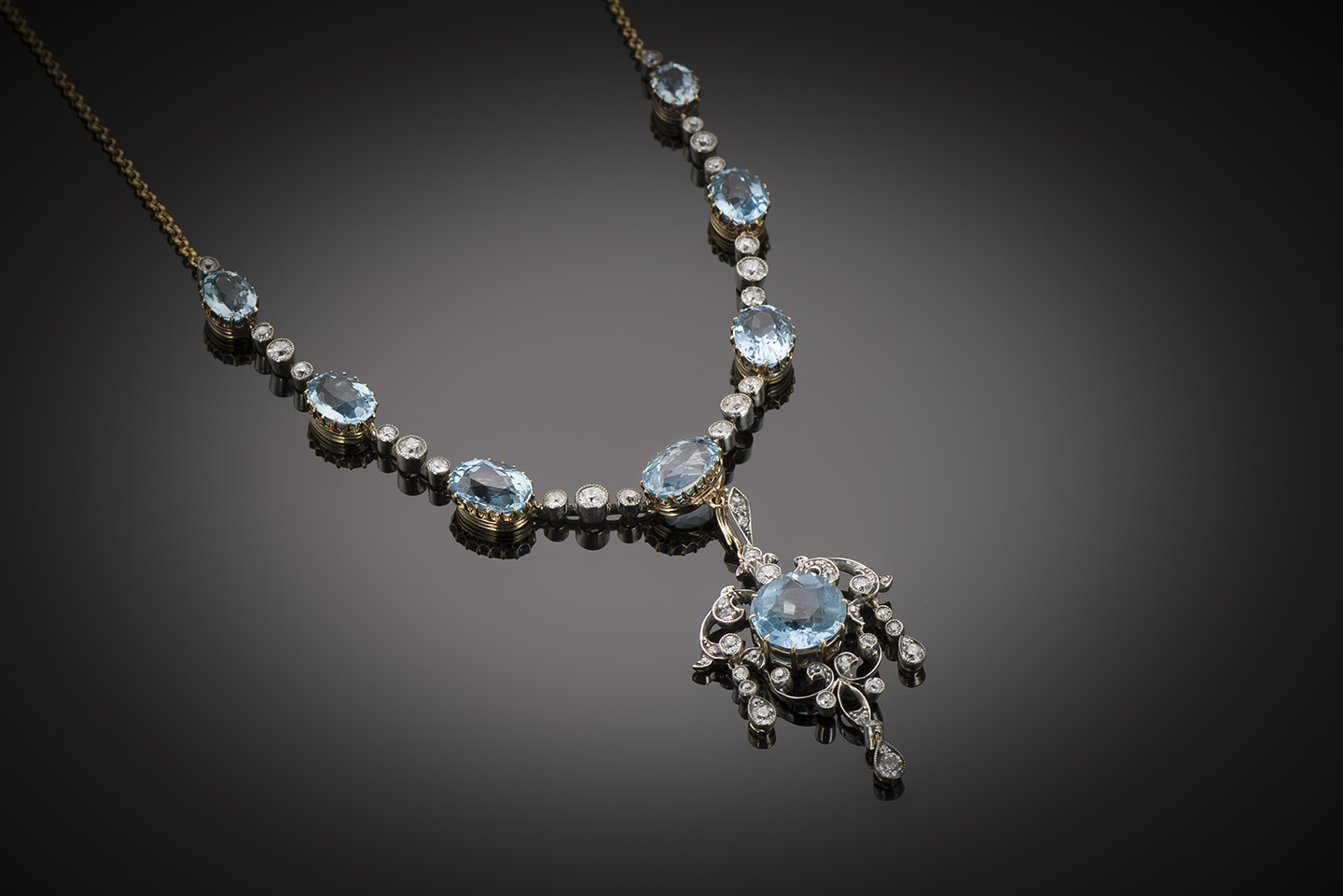 French 19th century Santa Maria aquamarine and diamond transformation necklace and old cut diamonds.-1