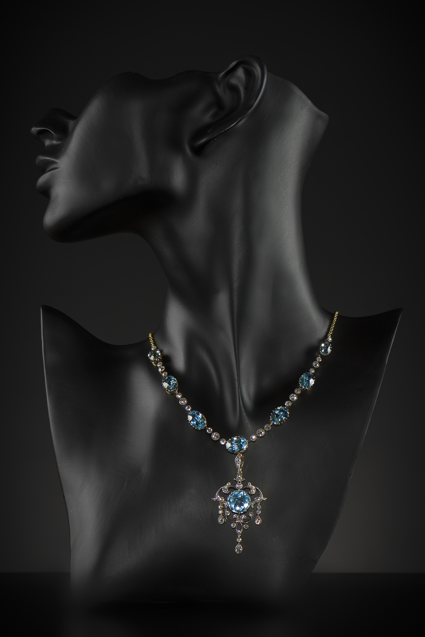 French 19th century Santa Maria aquamarine and diamond transformation necklace and old cut diamonds.-2