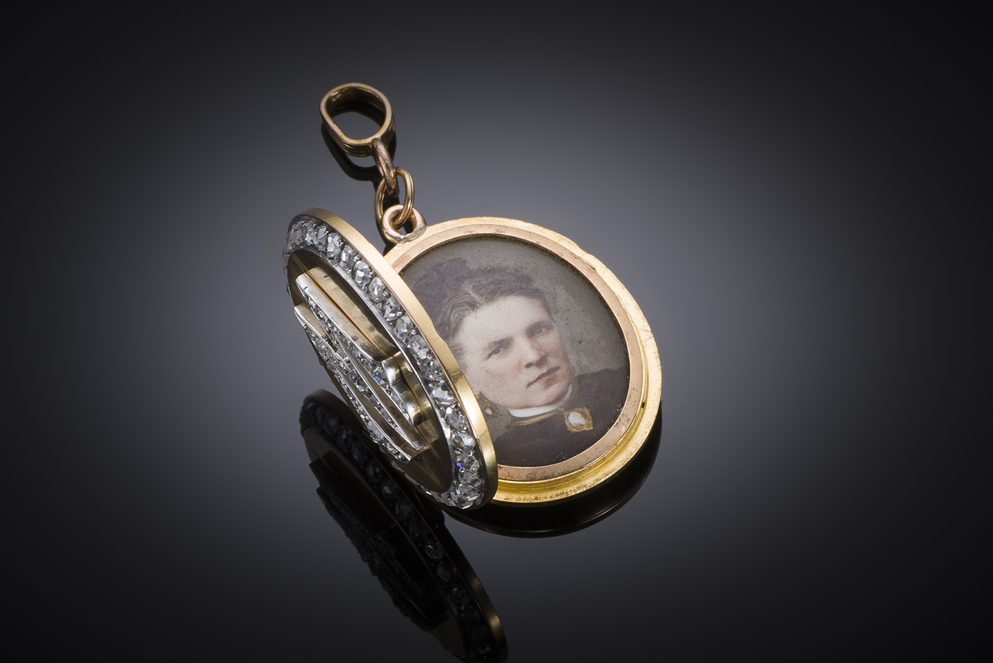 French diamond pendant with enamelled portrait (Deroche process). Sentiment jewel with letter M symbolizing love dated 1874.-2