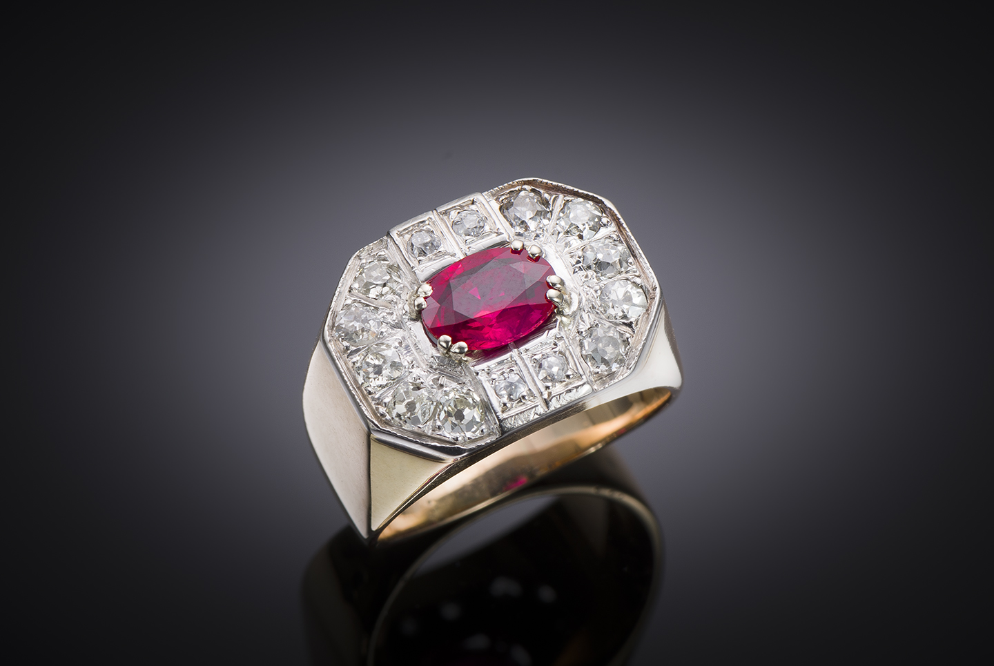 Burmese ruby (laboratory certificate) and diamond ring circa 1940-1