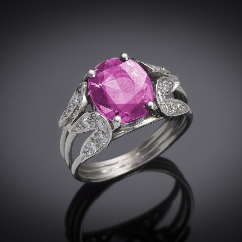 Unheated pink sapphire  (laboratory certificate) and diamond vintage ring