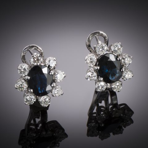 Sapphire (2.50 carats) and diamond (1.10 carat) earrings. French work circa 1970 – 1980.