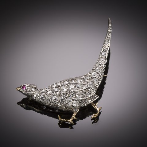 Late 19th century diamond and ruby pheasant brooch