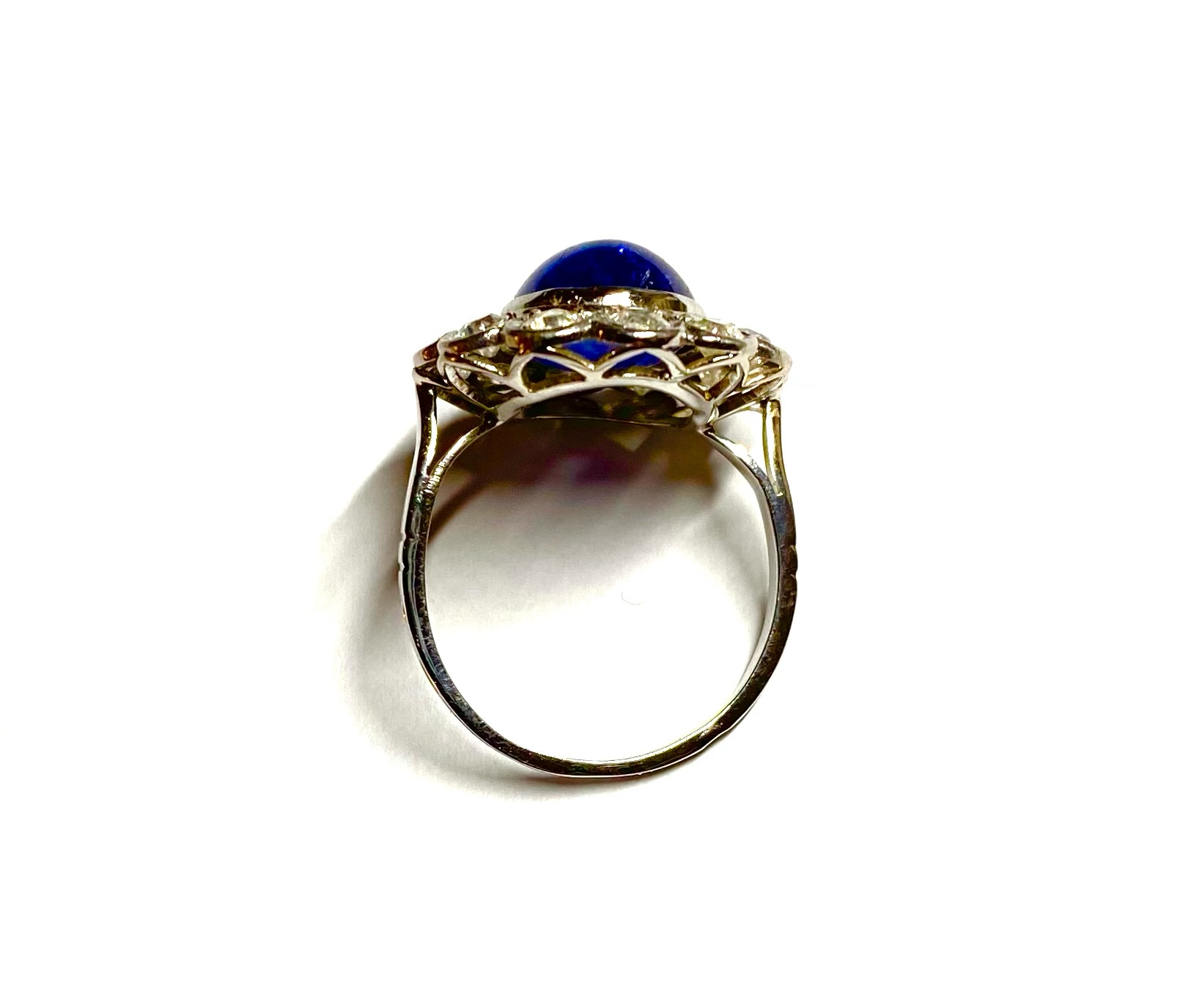 Art Deco unheated Burmese cabochon sapphire (5.89 carats, laboratory certificate) and diamond ring-2