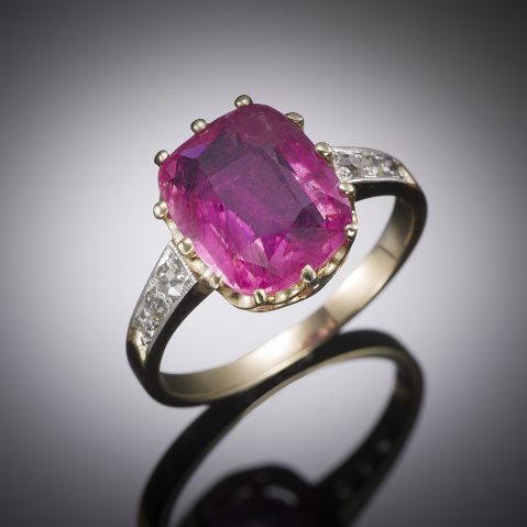 French late 19th century pink tourmaline and diamond ring