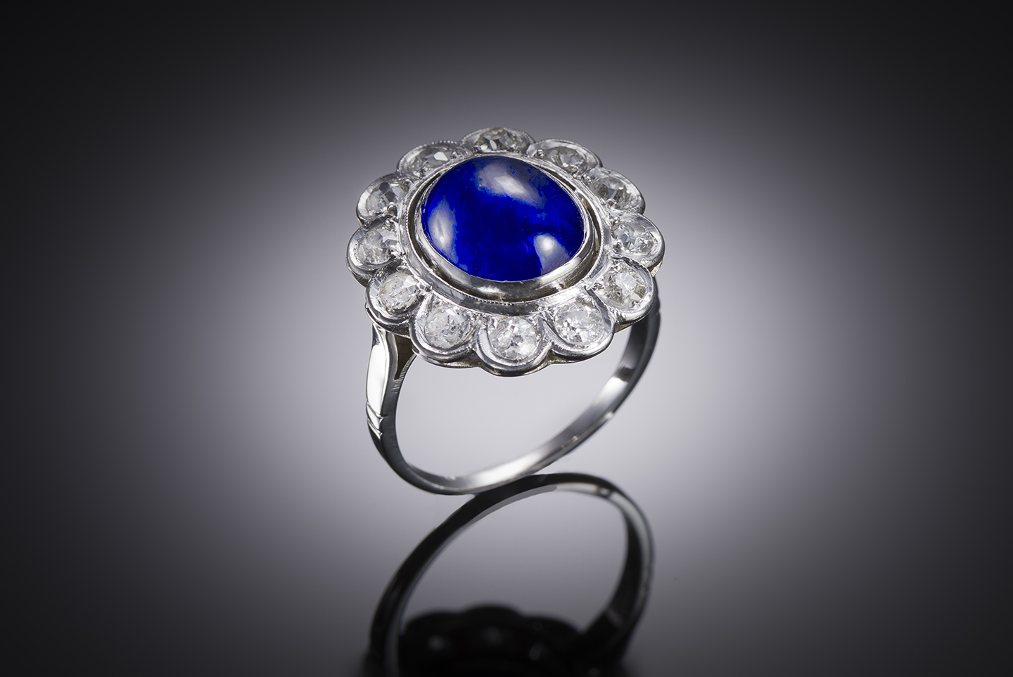 Art Deco unheated Burmese cabochon sapphire (5.89 carats, laboratory certificate) and diamond ring-1