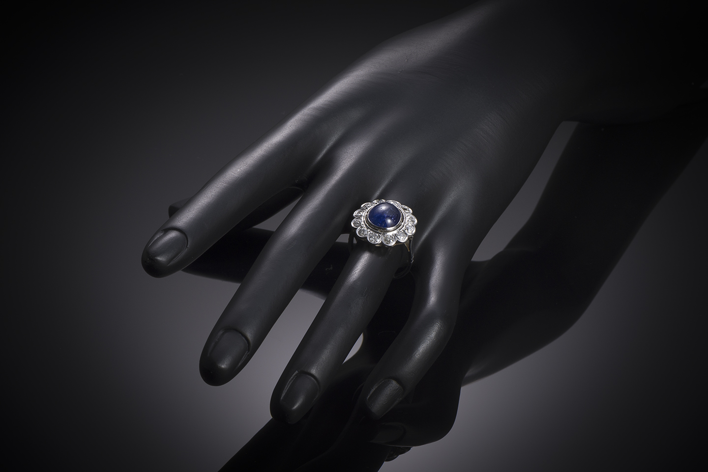 Art Deco unheated Burmese cabochon sapphire (5.89 carats, laboratory certificate) and diamond ring-3