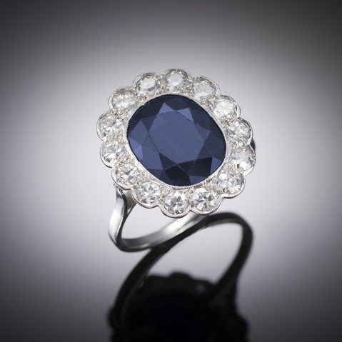 French Art Deco unheated sapphire (laboratory certificate) and diamond ring