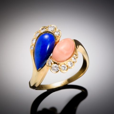 French vintage Pierre & Jean Bellin coral, lapis lazuli, and diamond ring