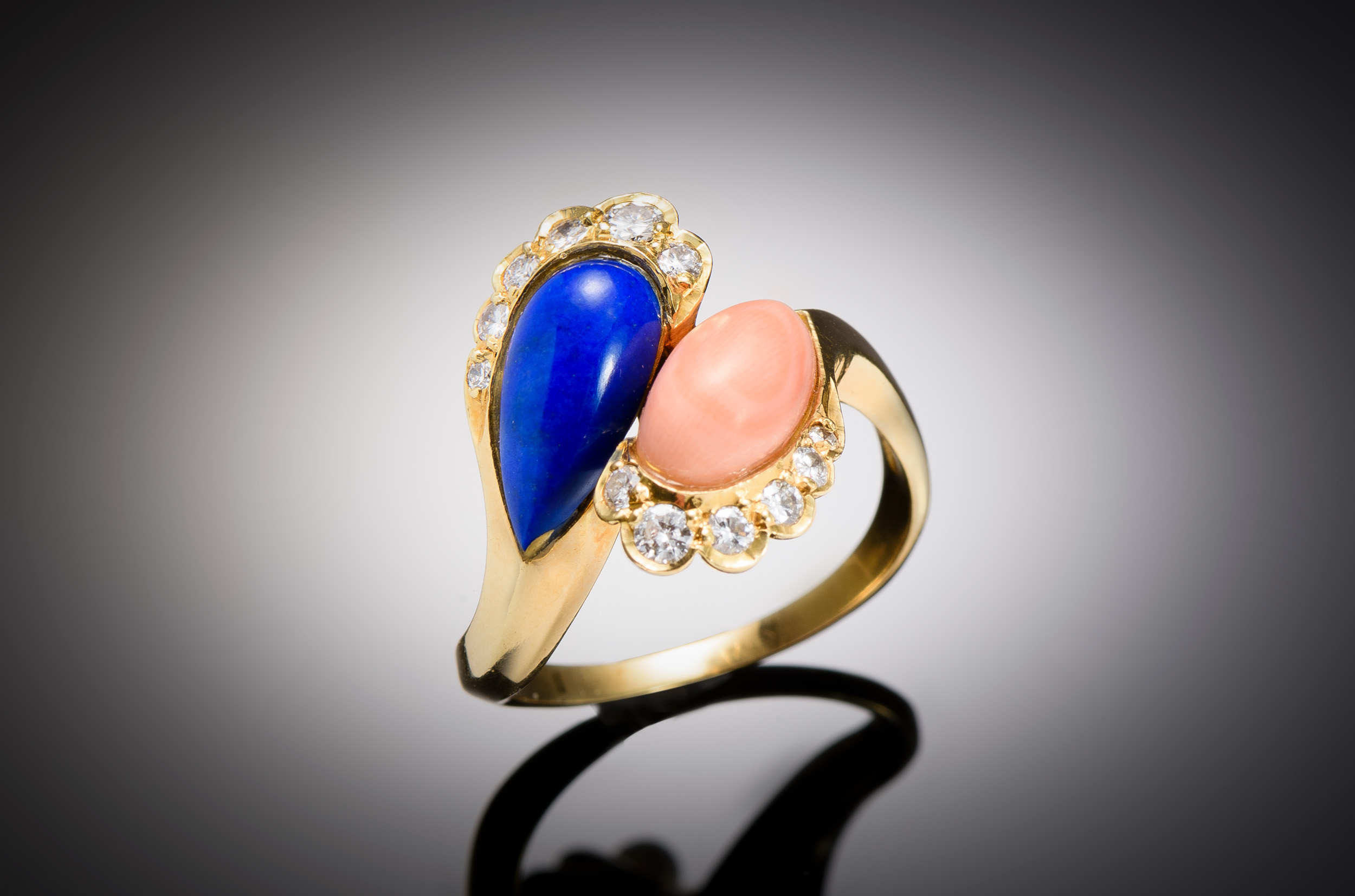 French vintage Pierre & Jean Bellin coral, lapis lazuli, and diamond ring-1