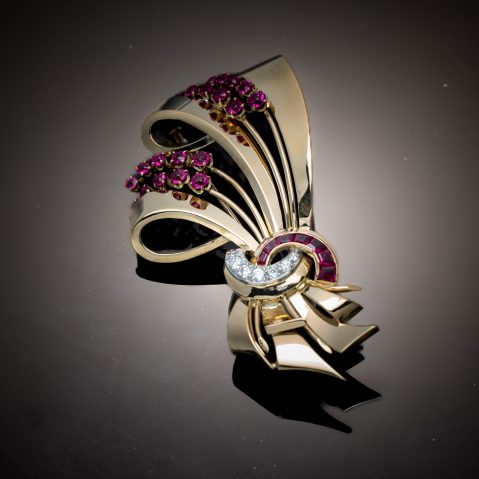 Brooch circa 1940 with rubies and diamonds, French work by P. Katz.