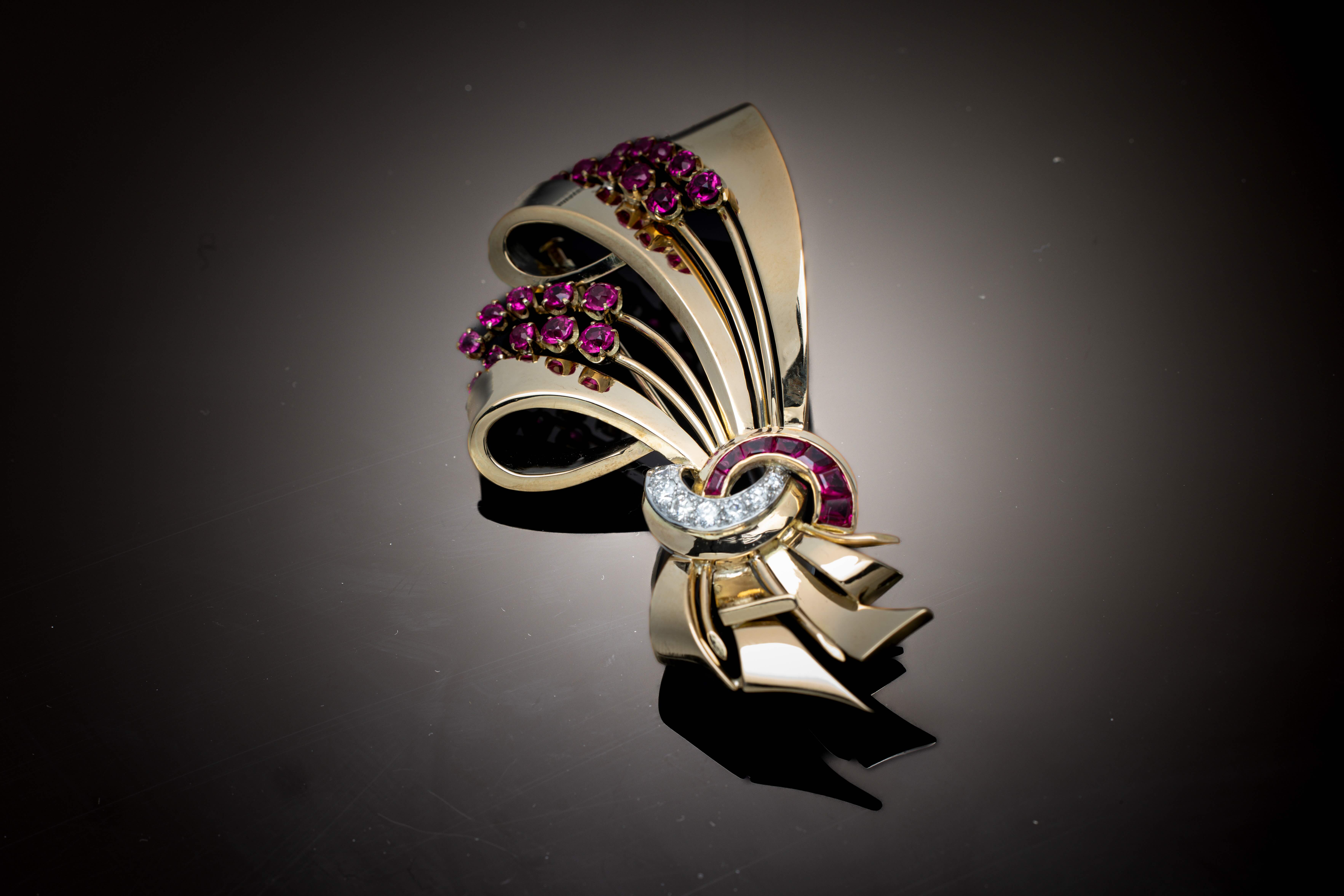 Brooch circa 1940 with rubies and diamonds, French work by P. Katz.-1