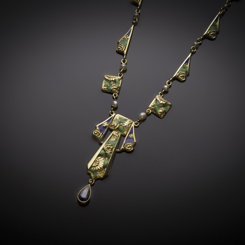 Collier émaillé saphir perles fines (vers 1920)