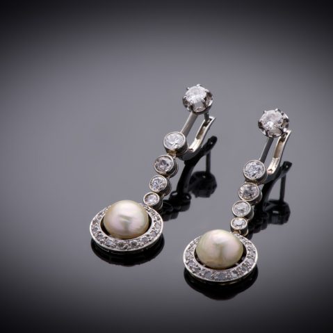 Pendants d’oreilles perles fines diamants Art Déco (certificat LFG)