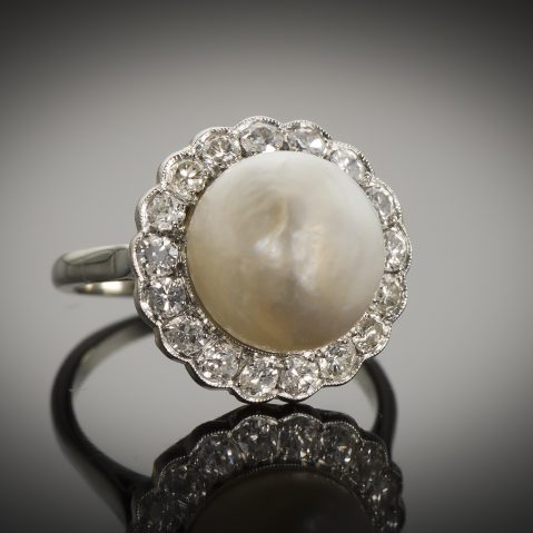 Bague Art Déco perle fine 11 mm (certificat LFG) diamants