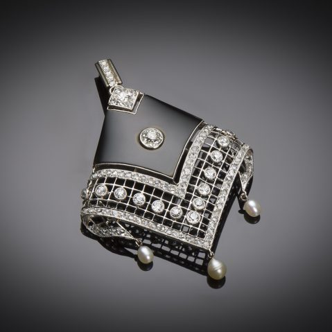 Pendentif onyx diamants perles fines Art Déco (vers 1930)