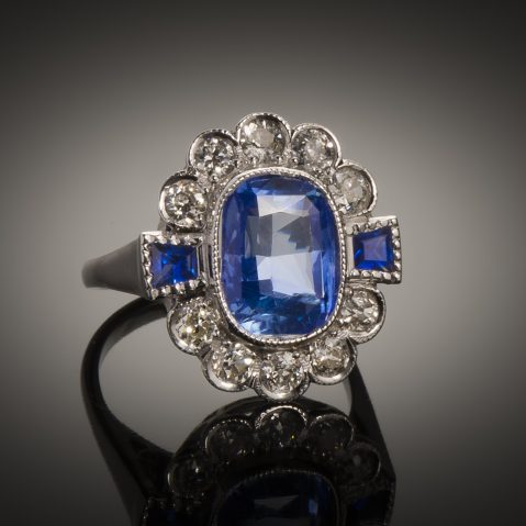 Bague Art Déco saphir naturel (5,04 carats, certificat LFG) diamants