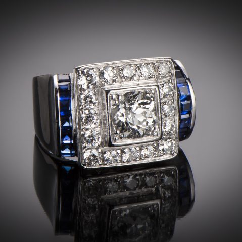 Bague Art Déco diamants (1,80 carat) saphirs calibrés
