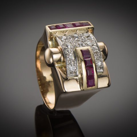 Bague Tank (vers 1940) diamants rubis calibrés
