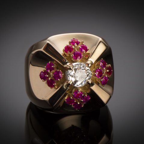 Bague vers 1940 diamant rubis