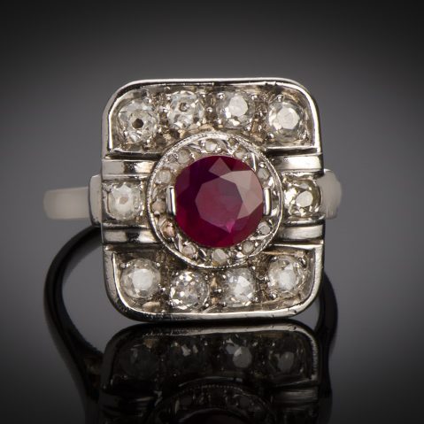 Bague Art Déco rubis (rouge intense – certificat CGL) diamants platine