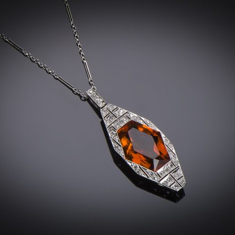Pendentif et sa chaîne Art Déco citrine diamants