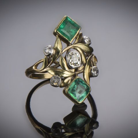 Bague Art nouveau Edouard-Aimé Arnould émeraudes et diamants (avec son dessin préparatoire)