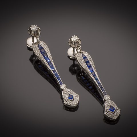 Boucles d’oreilles diamants saphirs calibrés Art Déco