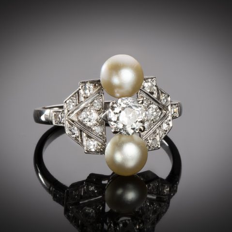 Bague Art Déco perles fines (certificat LFG) diamants